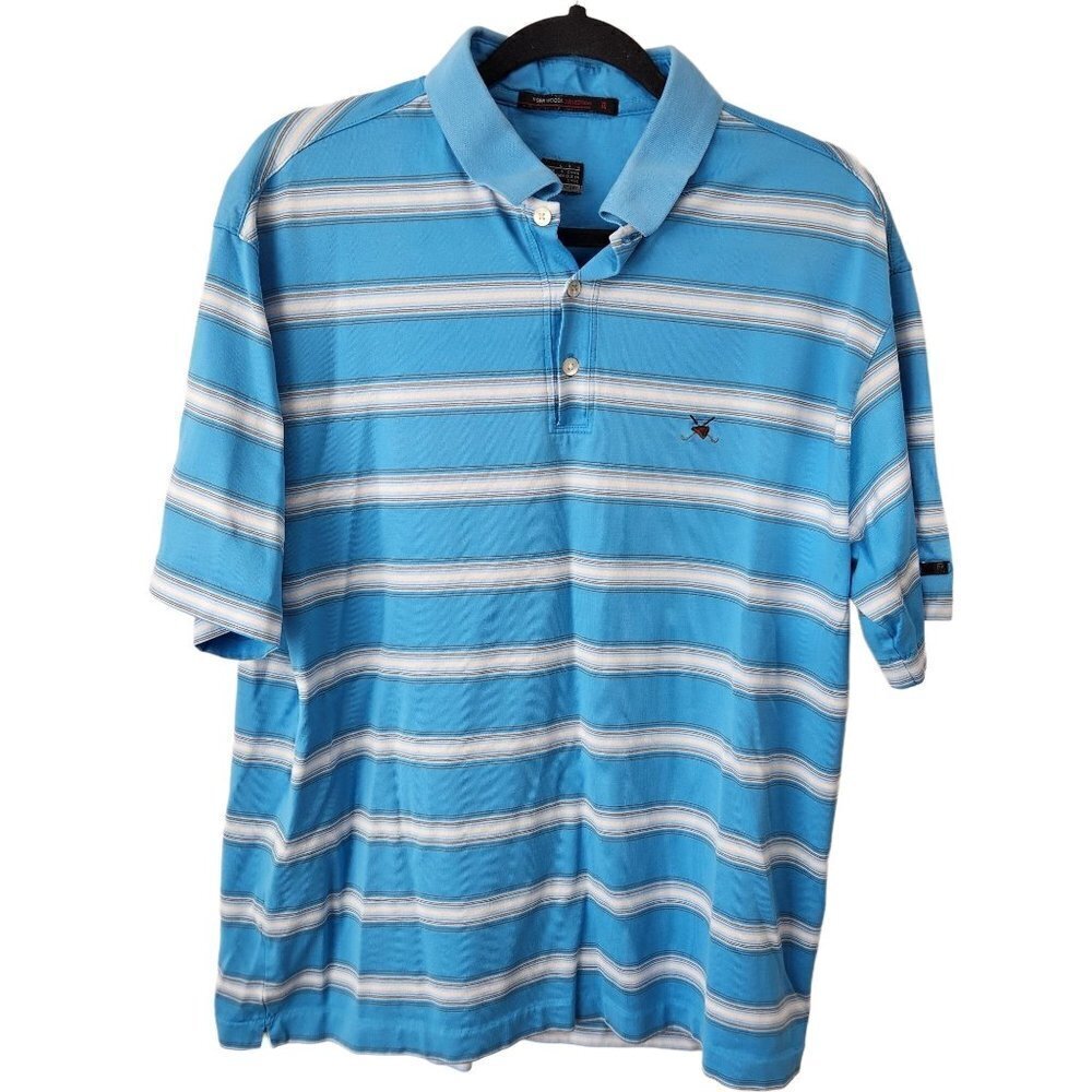 Nike Tiger Woods Collection Blue Striped Short Sleeve Dry Fit Golf Polo Men's L